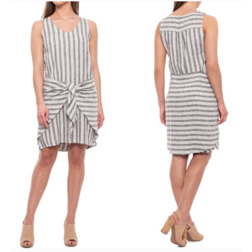 Drew Morgan Gray Striped Linen Tie Front Sleeveless Dress Womens Size Large $205